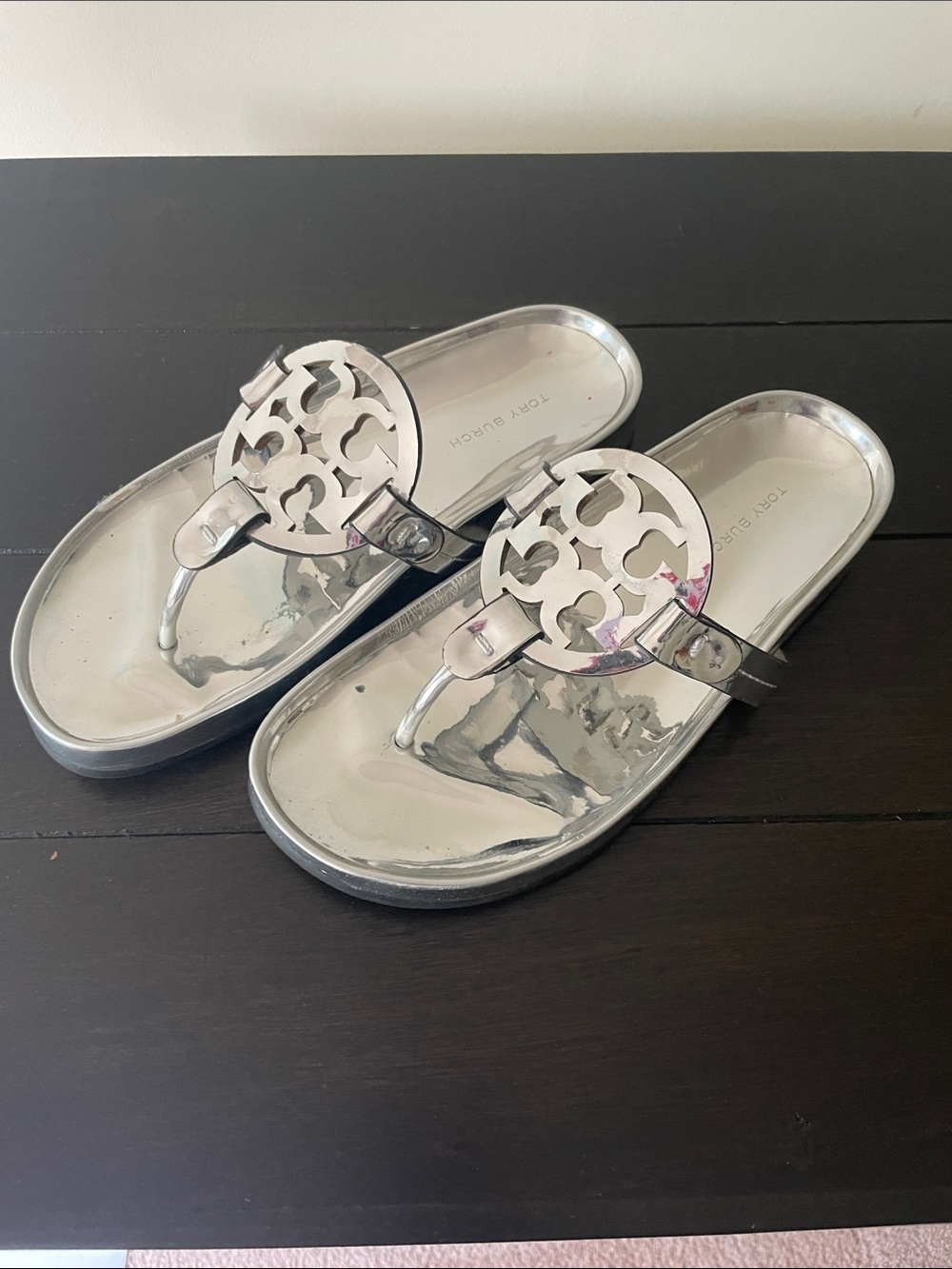 Tory Burch Metallic Silver Logo Thong Sandals